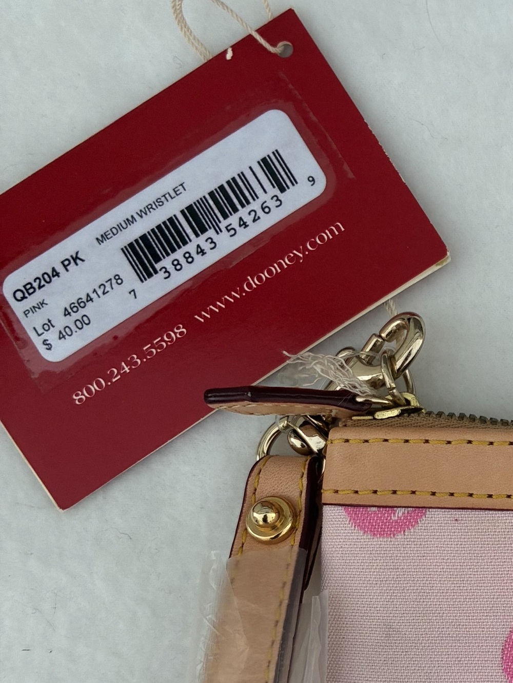 Dooney & Bourke Pink and Tan Polka Dot Zip Pouch Wristlet - Picture 5 of 5